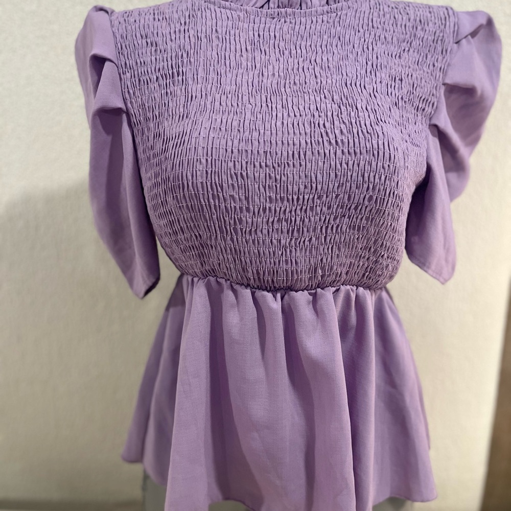 SHEIN Lavender Smocked Ruffle Sleeve Tunic